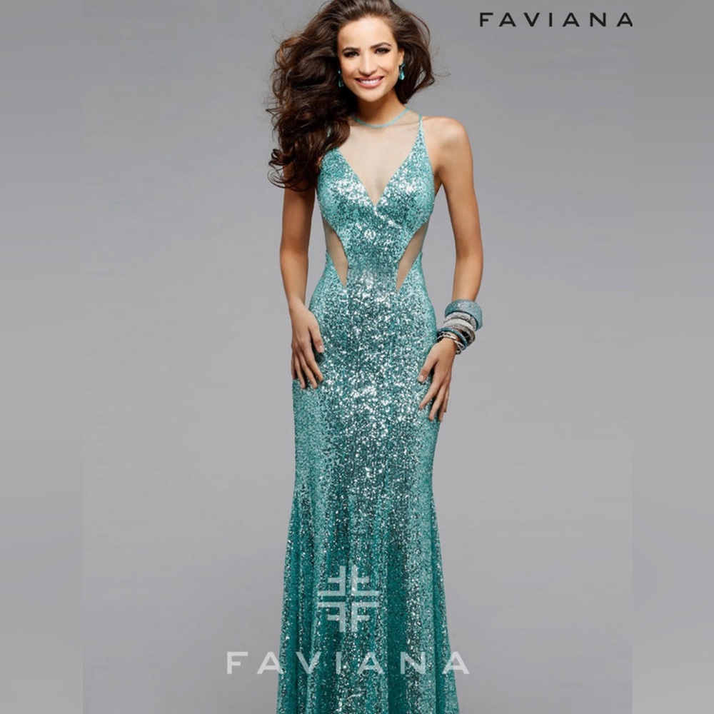 Stunning Mermaid Faviana prom sequin gown, seafoam aqua green # 7331 0 & 2 NWT